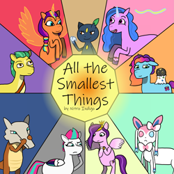 Size: 2893x2893 | Tagged: safe, artist:nitro indigo, hitch trailblazer, izzy moonbow, misty brightdawn, pipp petals, sunny starscout, zipp storm, oc, oc:confetti (atst), alicorn, earth pony, marowak, pegasus, pony, sneasel, sylveon, unicorn, fanfic:all the smallest things, g5, bracelet, cellphone, fanfic, fanfic art, fanfic cover, female, horn, jewelry, magic, magic aura, male, mane five, mane six (g5), mane stripe sunny, mare, phone, pokémon, race swap, rebirth misty, ribbon, simple background, smartphone, spewpa, stallion, sunnycorn, text