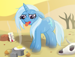 Size: 3500x2671 | Tagged: safe, artist:sweetielover, trixie, pony, unicorn, g4, atg 2024, desert, egg, eggshell, female, food, heat, high res, horn, mountain, newbie artist training grounds, rock, sand, skull, solo, sunlight, sweat, thermometer, tongue out, tree