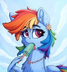 Size: 1100x1172 | Tagged: safe, artist:zeepheru_pone, rainbow dash, pegasus, pony, g4, atg 2024, chest fluff, drool, ear fluff, eating, eyebrows, eyebrows visible through hair, female, flower, flower in hair, fluffy, food, jewelry, lidded eyes, mare, melting, necklace, newbie artist training grounds, outdoors, popsicle, sky, solo, suggestive eating, sweat, sweatdrop, wing hands, wing hold, wings