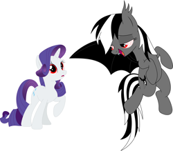 Size: 3588x3145 | Tagged: safe, artist:porygon2z, rainbow dash, rarity, oc, oc:count dashula, bat pony, pegasus, pony, undead, unicorn, vampire, g4, bat ponified, black and white mane, duo, female, flying, horn, hypno dash, hypnority, hypnosis, hypnotized, lidded eyes, looking at each other, looking at someone, mare, open mouth, open smile, race swap, rainbowbat, smiling, species swap, spread wings, wings