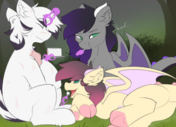 Size: 2061x1492 | Tagged: safe, artist:beardie, oc, oc only, oc:midnight gala, oc:sunlight dream, oc:yiazmat, dragon, unicorn, blushing, cake, date, dragoness, ear fluff, feeding, female, food, horn, horns, magic, shy, siblings, sisters, spoon, tail, telekinesis, trio, unicorn oc, wings