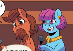 Size: 352x246 | Tagged: safe, artist:natalie haines, idw, colt coleburn, poppy-jane fritterling, earth pony, pony, g5, kenbucky roller derby #5, my little pony: kenbucky roller derby, spoiler:comic, spoiler:g5comic, duo, facial hair, female, male, mare, moustache, stallion