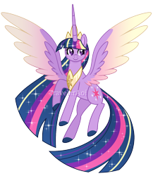Size: 1000x1154 | Tagged: safe, artist:traveleraoi, twilight sparkle, alicorn, pony, g4, colored pupils, colored wings, crown, cute, digital art, ethereal mane, ethereal tail, female, flying, gradient wings, hooves, jewelry, long mane, long tail, mare, older, older twilight, peytral, rainbow power, regalia, simple background, smiling, solo, sparkles, spread wings, tail, transparent background, twilight sparkle (alicorn), watermark, wings