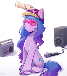Size: 2048x2300 | Tagged: safe, artist:xiaowu07, izzy moonbow, human, pony, unicorn, g5, my little pony: a new generation, cute, glasses, hand, horn, human on pony petting, izzy the rapper, izzybetes, microphone, petting, rapper, simple background, sitting, smiling, solo, speaker, white background