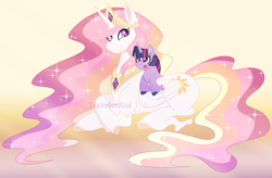 Size: 1800x1182 | Tagged: safe, artist:traveleraoi, princess celestia, twilight sparkle, alicorn, pony, unicorn, g4, :o, colored pupils, crepuscular rays, crossed legs, crown, cute, cutelestia, digital art, duo, duo female, ear fluff, ethereal mane, ethereal tail, female, filly, filly twilight sparkle, flowing mane, flowing tail, foal, folded wings, gradient background, hooves, horn, jewelry, long mane, long tail, lying down, mare, momlestia, open mouth, peytral, ponies riding ponies, prone, rainbow power, regalia, riding, riding a pony, smiling, sparkles, starry mane, starry tail, sunrise, tail, twiabetes, unicorn twilight, watermark, wings, younger