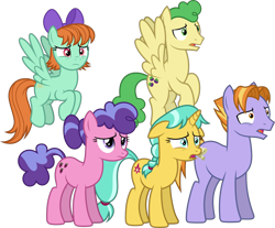 Size: 15379x12721 | Tagged: safe, artist:starryshineviolet, auburn vision, berry blend, berry bliss, citrine spark, huckleberry, peppermint goldylinks, earth pony, pegasus, pony, unicorn, g4, school raze, absurd resolution, bow, female, flying, friendship student, group, hair bow, horn, male, mare, sad, shocked, shocked expression, simple background, stallion, transparent background, vector