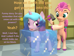 Size: 1412x1080 | Tagged: safe, artist:red4567, izzy moonbow, sunny starscout, earth pony, pony, unicorn, g4, g5, 3d, atg 2024, bipedal, bondage, chisel, coat markings, colored hooves, dexterous hooves, duo, duo female, encasement, female, frozen, g5 to g4, generation leap, hammer, hoof hold, hooves, horn, ice, ice block, implied allura, mare, newbie artist training grounds, puddle, socks (coat markings), source filmmaker, unshorn fetlocks