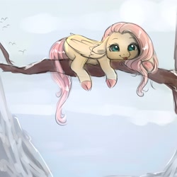 Size: 4000x4000 | Tagged: safe, artist:miokomata, fluttershy, pegasus, pony, g4, colored hooves, cute, daaaaaaaaaaaw, female, floppy ears, freckles, freckleshy, hooves, looking at you, lying down, mare, prone, shyabetes, smiling, smiling at you, solo, tongue out, tree branch