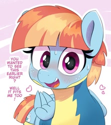 Size: 1065x1200 | Tagged: safe, artist:pabbley, windy whistles, pegasus, pony, g4, blushing, bronybait, clothes, cute, dialogue, female, folded wings, freckles, heart, looking at you, mare, open mouth, open smile, smiling, smiling at you, solo, sweat, text, uniform, windybetes, wings, wonderbolts uniform