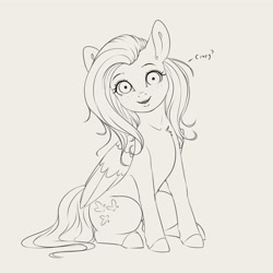 Size: 4000x4000 | Tagged: safe, artist:miokomata, fluttershy, pegasus, pony, g4, crazy face, faic, female, freckles, freckleshy, gray background, grayscale, lineart, looking at you, mare, monochrome, open mouth, open smile, simple background, sitting, smiling, smiling at you, solo, staring at you, talking to viewer