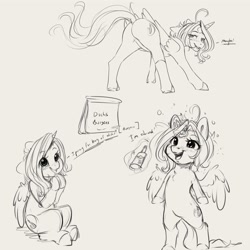 Size: 4000x4000 | Tagged: safe, artist:miokomata, oc, oc only, oc:dazzling talents, alicorn, pony, alcohol, bag, blushing, butt, dialogue, dock, drink, drunk, drunk bubbles, eye clipping through hair, female, grayscale, innuendo, mare, monochrome, open mouth, open smile, paper bag, plot, presenting, presenting butt, rear view, simple background, sketch, sketch dump, smiling, solo, tail, white background