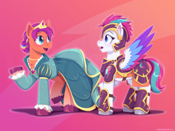 Size: 1600x1200 | Tagged: safe, artist:willoillo, sunny starscout, zipp storm, earth pony, pegasus, pony, g5, alternate universe, armor, clothes, colored wings, commission, dress, duo, duo female, eye contact, eyebrows, eyebrows visible through hair, female, jewelry, lesbian, looking at each other, looking at someone, mane stripe sunny, mare, multicolored wings, necklace, open mouth, open smile, puffy sleeves, raised hoof, raised leg, ship:sunnystorm, shipping, signature, smiling, tiara, unshorn fetlocks, wings