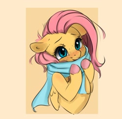 Size: 2319x2259 | Tagged: safe, artist:miokomata, fluttershy, pegasus, pony, g4, blushing, bust, clothes, colored hooves, cute, female, floppy ears, freckles, freckleshy, happy, hooves, mare, open mouth, open smile, passepartout, scarf, shyabetes, simple background, smiling, solo, weapons-grade cute, yellow background