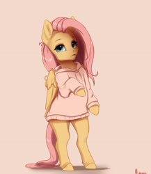 Size: 3222x3709 | Tagged: safe, artist:miokomata, fluttershy, pegasus, pony, semi-anthro, g4, beige background, clothes, cute, female, freckles, freckleshy, hoodie, mare, shyabetes, signature, simple background, solo