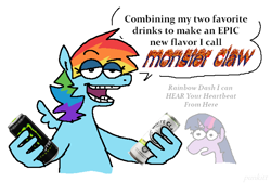 Size: 1350x912 | Tagged: safe, artist:punkittdev, rainbow dash, twilight sparkle, pegasus, pony, unicorn, g4, dialogue, drink, duo, duo female, energy drink, female, flaming text, horn, lidded eyes, mare, monster energy, simple background, soda can, solo focus, speech bubble, suddenly hands, teeth, this will end in hospitalization, white background, white claw
