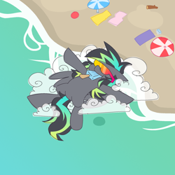 Size: 1800x1800 | Tagged: safe, artist:threetwotwo32232, oc, oc only, oc:cool time, pegasus, pony, atg 2024, beach, cloud, female, food, ice cream, mare, newbie artist training grounds, ocean, solo, sunglasses, water