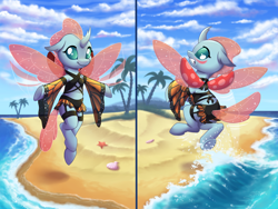 Size: 2800x2100 | Tagged: safe, artist:sirzi, ocellus, changedling, changeling, g4, arms wide open, beach, blushing, butterfly wings, clothes, detached sleeves, eep, gritted teeth, looking back, ocean, palm tree, skirt, smiling, solo, splash, swimsuit, teeth, tree, underhoof, water, wave, wings