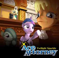 Size: 1142x1130 | Tagged: safe, artist:blitzytehpony, marble pie, mayor mare, ms. harshwhinny, twilight sparkle, alicorn, earth pony, pony, g4, 3d, ace attorney, angry, courtroom, female, glasses, gmod, logo, logo parody, looking down, mare, parody, pointing, raised hoof, raised leg, recreation, smug, twilight sparkle (alicorn)