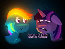 Size: 1024x768 | Tagged: safe, artist:serverok, rainbow dash, twilight sparkle, pegasus, pony, unicorn, g4, :3, bags under eyes, bust, dark background, duo, duo female, female, glowing mane, heart, heart eyes, horn, insomnia, lesbian, portrait, ship:twidash, shipping, text, tired, tired eyes, wingding eyes