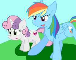 Size: 981x778 | Tagged: safe, artist:cmara, rainbow dash, sweetie belle, pegasus, pony, unicorn, g4, female, filly, foal, folded wings, horn, mare, open mouth, wings