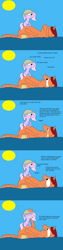 Size: 1000x4000 | Tagged: safe, artist:blazewing, oc, oc only, oc:pastel macaroon, oc:tough cookie, earth pony, unicorn, atg 2024, aunt and niece, belly, chubby, comic, cute, drawpile, eyes closed, female, filly, floating, foal, hat, head pat, hoof on belly, horn, lying down, mare, newbie artist training grounds, pat, prone, sitting, smiling, sun, sun hat, text, water