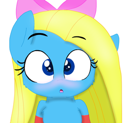 Size: 720x720 | Tagged: safe, artist:cooperthedoodlian, oc, oc only, oc:cuteamena, earth pony, semi-anthro, base used, beautiful, beautiful eyes, blushing, bow, cooper doodlian is trying to murder us, cute, daaaaaaaaaaaw, earth pony oc, female, gift art, hair bow, human shoulders, simple background, solo, white background