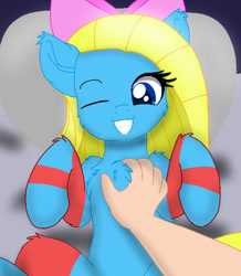 Size: 1124x1289 | Tagged: safe, artist:cooperthedoodlian, oc, oc only, oc:cuteamena, earth pony, human, pony, bed, belly, bow, chest fluff, cooper doodlian is trying to murder us, cute, duo, female, fluffy, fur, gift art, hair bow, hand, human on pony petting, lying down, mare, offscreen character, offscreen human, on back, petting, pov, present, rubbing, shoulder fluff, spread legs, spreading