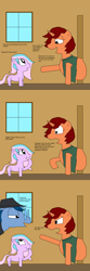 Size: 2000x6000 | Tagged: safe, artist:blazewing, oc, oc only, oc:pastel macaroon, oc:syntax, oc:tough cookie, earth pony, unicorn, 3 panel comic, amused, angry, atg 2024, aunt and niece, belly, chubby, clothes, comic, doorway, drawpile, fedora, female, filly, foal, glasses, hat, horn, male, mare, newbie artist training grounds, pointing, raised hoof, stallion, stuck, text, too fat to fit, too fat to get through, trio, vest, window
