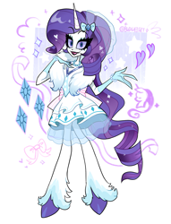 Size: 1691x2212 | Tagged: safe, artist:budweiset, part of a set, rarity, demon, unicorn, anthro, unguligrade anthro, g4, bracelet, clothes, colored sclera, cutie mark, cutie mark background, cutie mark on clothes, demonized, dress, evening gloves, fangs, feather boa, female, gloves, hand on chest, heart, hellaverse, horn, jewelry, long gloves, looking at you, necklace, open mouth, open smile, passepartout, purple sclera, simple background, smiling, solo, species swap, standing, thick eyelashes, unshorn fetlocks, white background