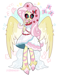 Size: 1691x2212 | Tagged: safe, artist:budweiset, part of a set, fluttershy, demon, demon pony, pegasus, anthro, unguligrade anthro, g4, clothes, colored sclera, cutie mark, cutie mark background, cutie mark on clothes, demonized, dress, eyeshadow, fangs, female, flower, flower in hair, heart, hellaverse, looking at you, makeup, mare, passepartout, pink eyeshadow, red sclera, simple background, solo, sparkles, species swap, standing, thick eyelashes, unshorn fetlocks, white background, wings