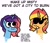 Size: 949x820 | Tagged: safe, artist:zoeyhorse, misty brightdawn, sunset shimmer, pony, unicorn, g4, g5, bust, cyberpunk 2077, dialogue, duo, duo female, female, horn, mare, rebirth misty, simple background, sunglasses, wake the fuck up, white background