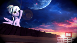 Size: 3185x1800 | Tagged: safe, artist:duckyqwapz, cloudchaser, pegasus, g4, 3d, atg 2024, female, godzilla, godzilla (series), mare, newbie artist training grounds, solo, sunrise, wallpaper