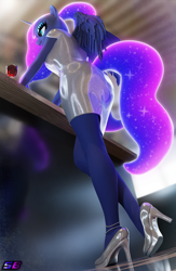 Size: 2160x3320 | Tagged: safe, artist:shadowboltsfm, princess luna, alicorn, anthro, plantigrade anthro, g4, 3d, anklet, blender, breasts, clothes, dress, eyeshadow, female, glass, high heels, high res, horn, jewelry, legs, low angle, makeup, not sfm, ponytail, shoes, smiling, solo, sparkly mane, sparkly tail, tail, wine glass, wings