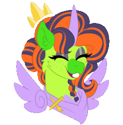 Size: 807x821 | Tagged: safe, artist:sevenserenity, oc, oc only, oc:twiggy doodle, alicorn, classical unicorn, unicorn, animated, bucktooth, cloven hooves, crown, gif, handkerchief, horn, jewelry, leonine tail, pin, regalia, simple background, solo, transparent background, unshorn fetlocks