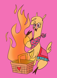 Size: 1024x1386 | Tagged: safe, artist:nonameorous, paprika (tfh), alpaca, them's fightin' herds, bandana, basket, cloven hooves, community related, fire, open mouth, picnic basket, pink background, raised hoof, simple background, sitting, solo