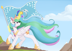 Size: 2000x1426 | Tagged: safe, artist:arcane-thunder, princess celestia, alicorn, pony, big ears, cloud, crown, equestria flag, female, flag, glowing, glowing horn, hoof shoes, horn, jewelry, large wings, long mane, long tail, magic, mare, neck fluff, outdoors, peytral, princess shoes, raised hoof, regalia, sky, solo, tail, telekinesis, turned head, windswept mane, windswept tail, wings