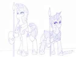 Size: 1920x1440 | Tagged: safe, artist:novaintellus, oc, oc only, bat pony, pegasus, pony, armor, bat pony oc, duo, female, height difference, helmet, male, mare, night guard, pegasus oc, royal guard, signature, simple background, spear, stallion, weapon