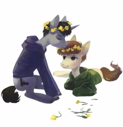 Size: 2901x3000 | Tagged: safe, artist:sivelu, oc, oc only, earth pony, pony, unicorn, clothes, commission, duo, duo male, ear fluff, floral head wreath, flower, gay, hoodie, horn, lying down, male, oc x oc, prone, shipping, simple background, sitting, stallion, white background