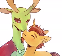 Size: 3000x2730 | Tagged: safe, artist:sivelu, sunburst, thorax, changedling, changeling, pony, unicorn, g4, blushing, duo, ear fluff, gay, gem, horn, horns, king thorax, looking at each other, looking at someone, male, nose to nose, red eyes, shipping, signature, simple background, smiling, smiling at each other, stallion, thoraxburst, white background