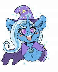 Size: 1664x2048 | Tagged: safe, artist:chibichangeling, trixie, pony, unicorn, g4, blushing, bust, cheek fluff, chest fluff, ear fluff, eyebrows, eyebrows visible through hair, female, fluffy, horn, mare, open mouth, open smile, smiling, solo, sparkles