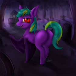 Size: 1500x1500 | Tagged: safe, artist:zeklullaby, oc, oc only, oc:silent wish, bat pony, pony, 2016, bat pony oc, butt, commission, dock, fangs, female, gravestone, graveyard, lidded eyes, looking at you, looking back, looking back at you, mare, night, open mouth, open smile, outdoors, plot, rear view, signature, smiling, solo, tail, tree, wings