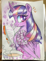 Size: 1573x2096 | Tagged: safe, artist:radfrankie, twilight sparkle, alicorn, pony, g4, book, emanata, female, mare, smiling, solo, sparkles, traditional art, turned head, twilight sparkle (alicorn)