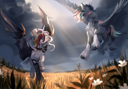 Size: 2360x1640 | Tagged: safe, artist:sweettsa1t, oc, oc only, pegasus, pony, bandage, chest fluff, choker, cloud, commission, crepuscular rays, duo, female, field, flower, flying, hair bun, jewelry, makeup, mare, necklace, running makeup, spiked choker, spread wings, unshorn fetlocks, wings