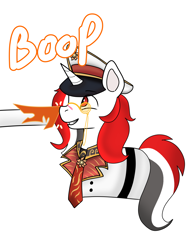 Size: 1140x1515 | Tagged: safe, artist:wh189, daybreaker, oc, oc:red rocket, unicorn, equestria at war mod, belt, boop, cap, clothes, glasses, happy, hat, horn, solar empire, uniform