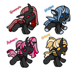 Size: 2528x2364 | Tagged: safe, artist:sexygoatgod, oc, oc only, oc:antenna, oc:proboscis, oc:spinerette, oc:stinger, changeling, pony, adoptable, blue changeling, chibi, female, pink changeling, red changeling, simple background, transparent background, yellow changeling