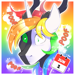Size: 1279x1279 | Tagged: safe, artist:meowcephei, oc, oc only, oc:tounicoon, bust, gradient background, portrait, pride, pride month, rainbow, rainbow background, sketch, solo