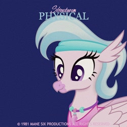 Size: 1000x1000 | Tagged: safe, artist:anime-equestria, edit, editor:jaredking779, silverstream, classical hippogriff, hippogriff, g4, 80s, alternate hairstyle, clothes, female, headband, jewelry, necklace, olivia newton-john, single cover, smiling, solo