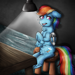 Size: 1800x1800 | Tagged: safe, artist:yumomochan, rainbow dash, pegasus, commission, dark room, female, interrogation, lamp, light, mare, nervous, shaking, sitting, stool, sweat