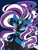 Size: 598x789 | Tagged: safe, artist:cosmickeyframe, artist:keyframe, nightmare rarity, pony, unicorn, g4, antagonist, blue eyes, bust, colored pupils, crown, digital art, ethereal mane, ethereal tail, eyeshadow, fangs, female, flowing mane, flowing tail, gem, glowing, glowing eyes, grin, horn, jewelry, lidded eyes, looking at you, makeup, mare, peytral, portrait, purple mane, purple tail, regalia, smiling, smiling at you, solo, sparkles, tail, villainess