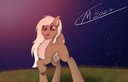 Size: 5000x3200 | Tagged: safe, artist:maître cervidé, oc, oc:aima, original species, doe, female, fireworks, grass, long mane, night, signature, stars